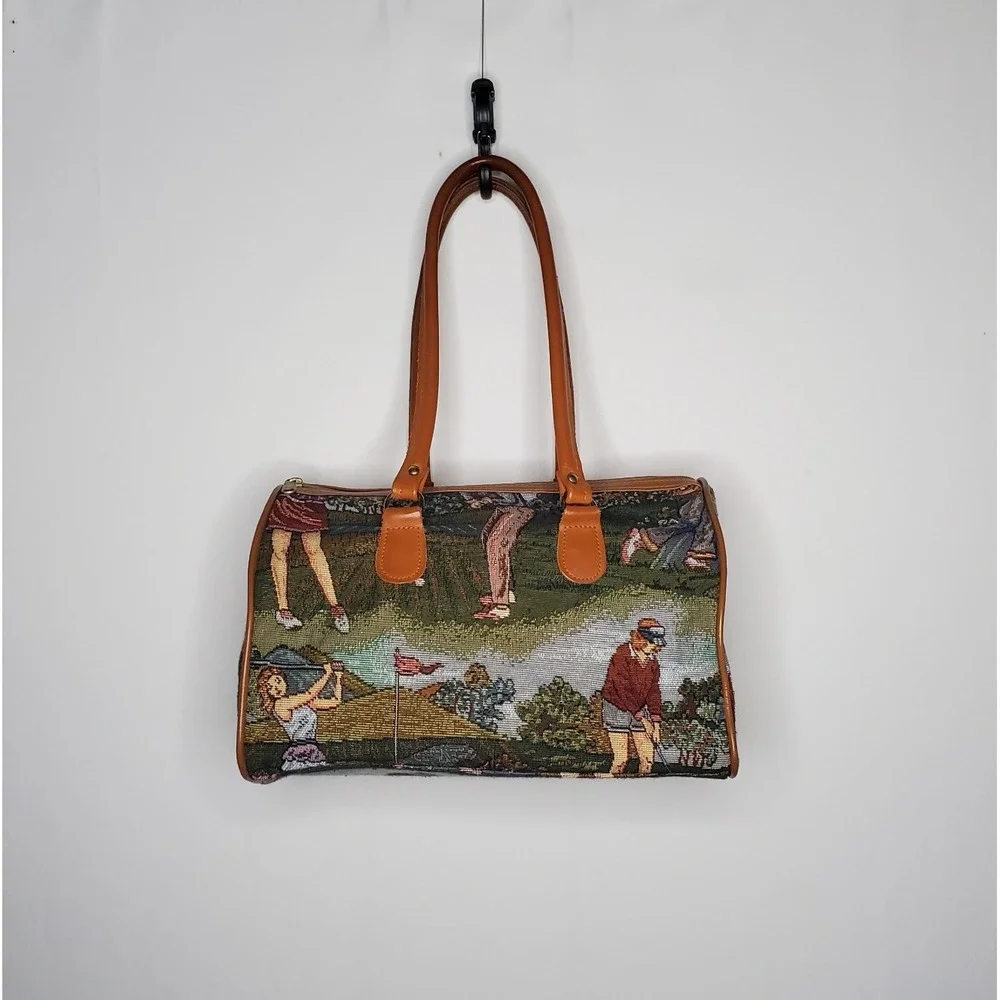 Tapestry Purse Handbag Golf Scene Sporty Vintage 2-Handle Zipper